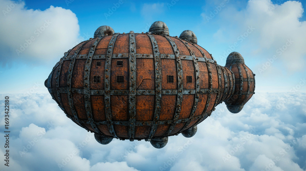Obraz premium Vintage airship with wooden panels and metal details floating among fluffy clouds in a bright blue sky, showcasing retro-futuristic design and fantasy elements