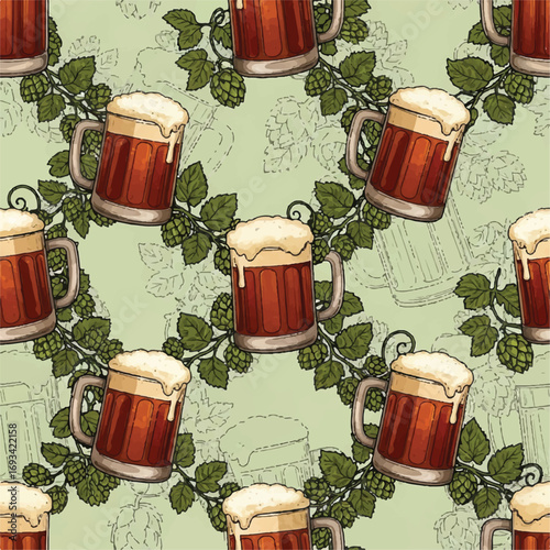 A seamless pattern featuring frothy mugs of dark beer interspersed with green hop vines and subtle background sketches of beer mugs.