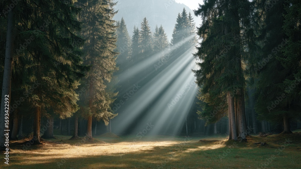 Obraz premium Sunlight Filters Through Trees in Serene Forest Landscape Illuminating Ground with Soft Light and Creating Peaceful Atmosphere for Nature Lovers and Outdoor Enthusiasts