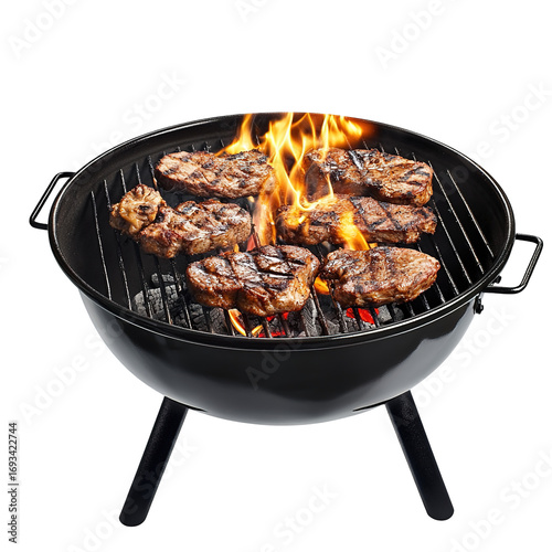 Charcoal Kettle Grill with Juicy Steaks and Open Flame for Outdoor BBQ