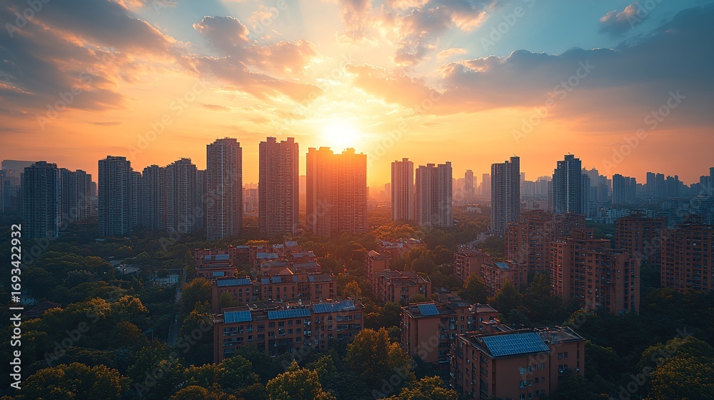 Fototapeta premium Vibrant Sunset over Urban Skyline Golden Hour Cityscape Aerial View
