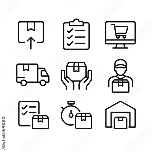 Supply chain fulfillment icons set. Outline symbols. Line design