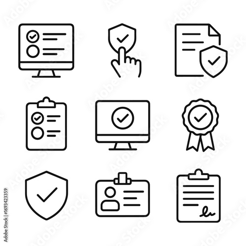 Regulatory compliance icons vector collection. Outline symbols. Line design