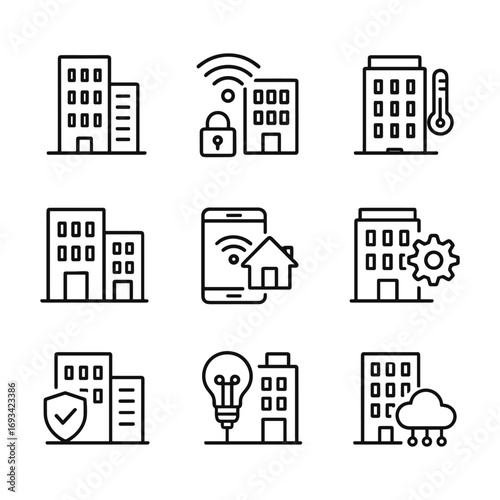 Intelligent building systems icons collection. Outline symbols. Line design