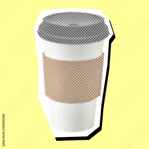 Coffee paper cup halftone dotted collage element pointillize in paper torn vector. A striking design for cafes, coffee shops, and on-the-go themes. Combines classic imagery with a modern, textured art