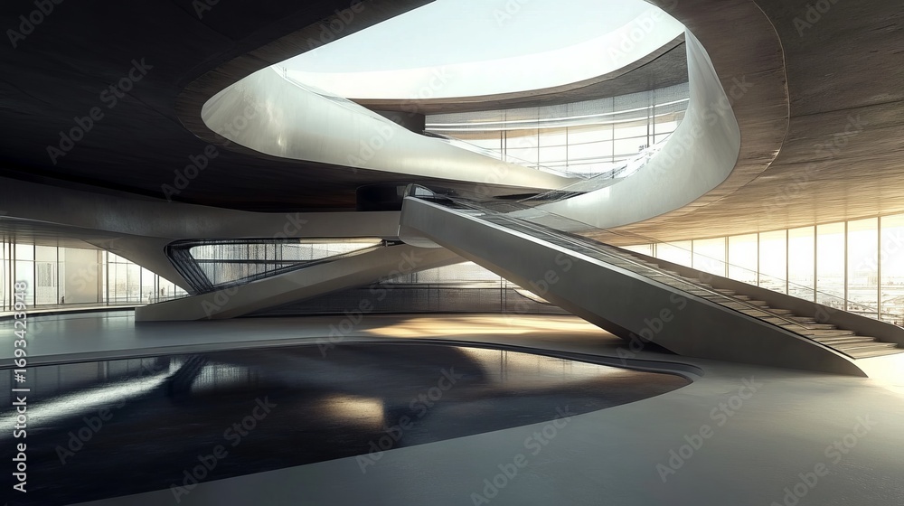 Fototapeta premium Modern architectural interior with curved staircases and windows, sunlight casting shadows on polished floors