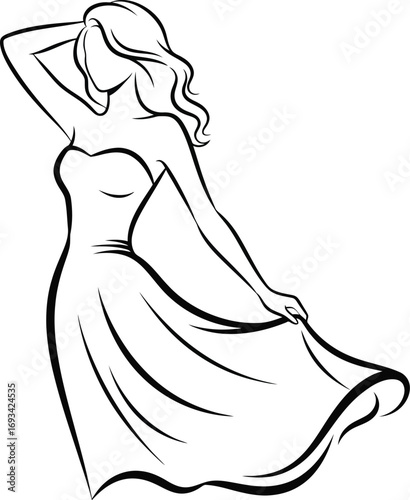 Elegant woman in a flowing strapless dress with windblown hair sketched in a simple black and white line art style