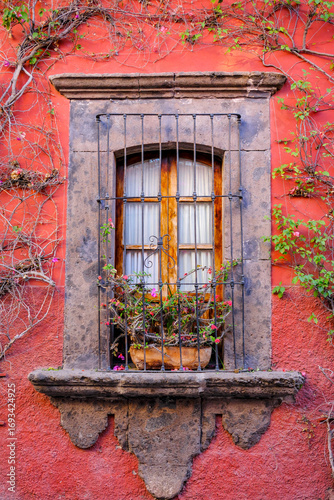 San Miguel de Allende, Mexico - February 8, 2025: Window on a street in the historic center of San Miguel de Allende filled with bougainvilleas, Guanajuato, Mexico.