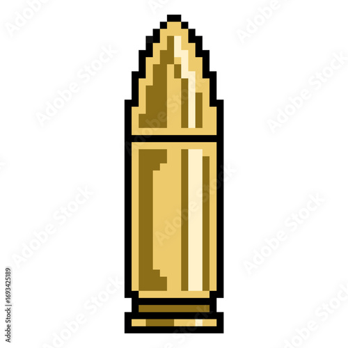 Pixel bullet icon vector. Perfect for representing security, accuracy, and shooting games. A modern, digital icon that merges a classic symbol of a bullet with a pixelated, technology-inspired look.