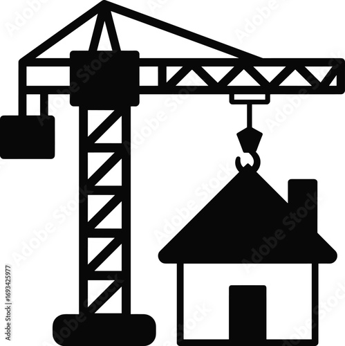 Construction crane lifting house icon, building, real estate development, construction site, home building, architecture, industrial equipment, property, engineering, safety, urban 