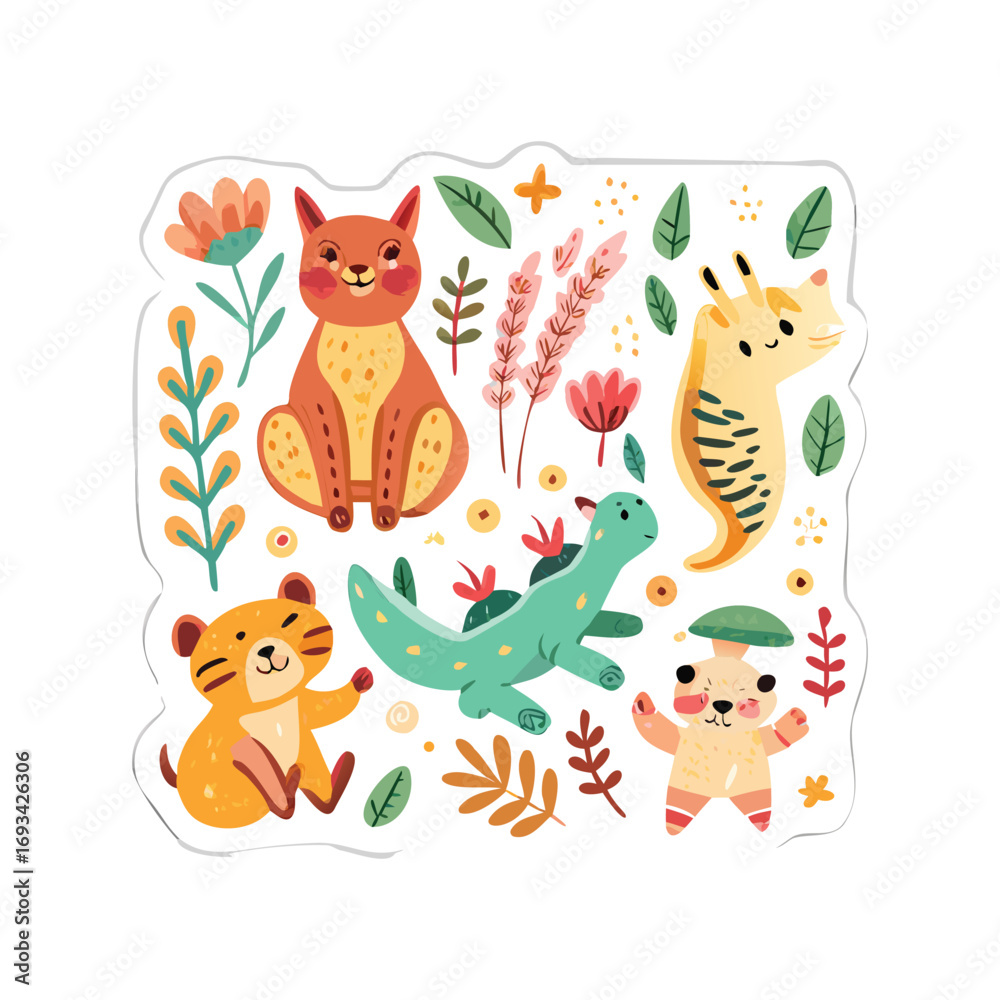 Fototapeta premium Folk-Art Watercolor Animal Sticker Sheet