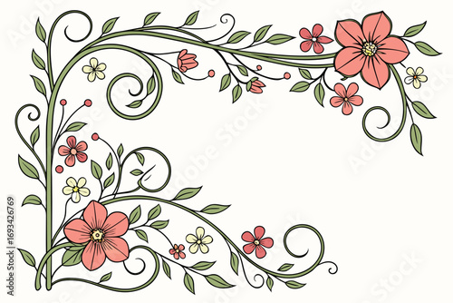 Illustration of a floral corner design with pink and yellow flowers and green leaves and vines art