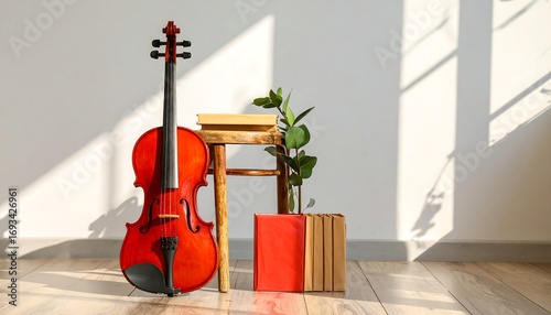 Violin, books, plant, stool, sunlit room
