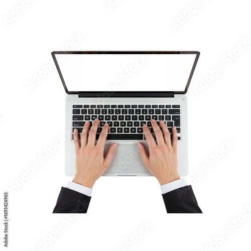 Overhead view of person typing on modern laptop with illuminated keyboard and screen display transparent background