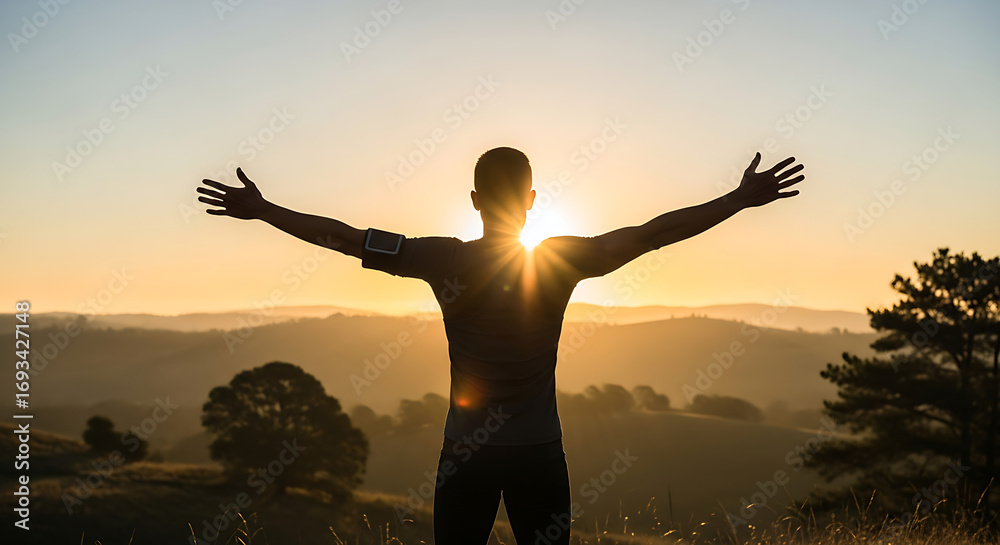 Fototapeta premium Man with arms outstretched celebrating sunrise enjoying a new beginning and the beauty of nature