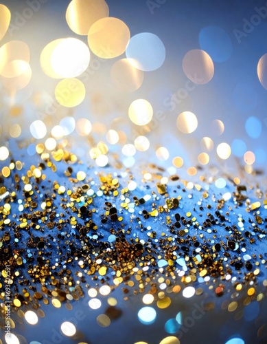 Abstract Background of Gold Glittering Particles on Blue Gradient with Bokeh Light Effect