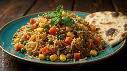 Colorful vegetable rice garnished with mint and accompanied by fresh flatbread