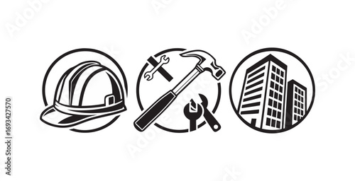 Construction icons set on white background, stock vector