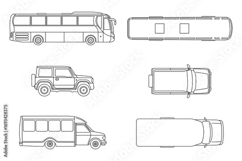 CAD Drawings. Set of silhouette and outline vector car, bus, minibus vehicles. Top and side view. Vector illustration.	