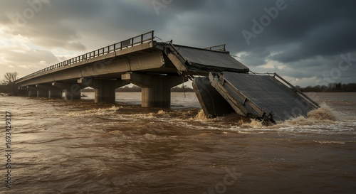 Collapsed bridge partially underwater, destroyed by severe flooding, isolated background
