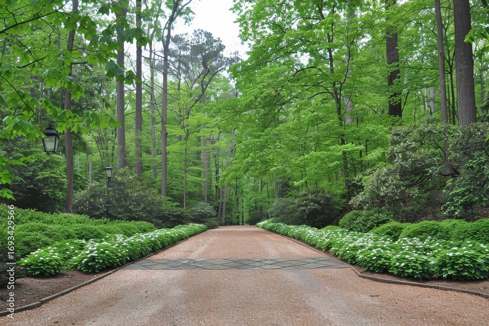 Obraz premium A serene pathway lined with lush greenery and blooming plants, inviting visitors into a tranquil forest setting.