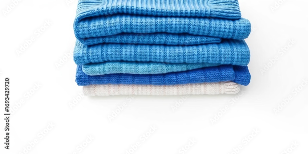 Fototapeta premium Neatly stacked folded blue sweaters, soft texture, clean white background, isolated, simple