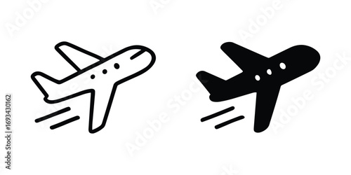 Airplane Icon Set: Black and White Plane Taking Off with Motion Lines