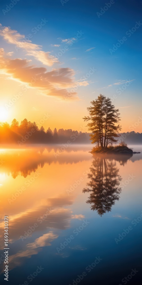 Fototapeta premium Serene lake at sunrise with misty atmosphere