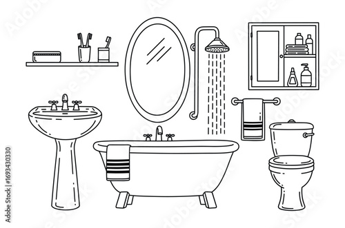Bathroom interior line art with toilet, sink, mirror, bathtub, cabinet and shower isolated on white