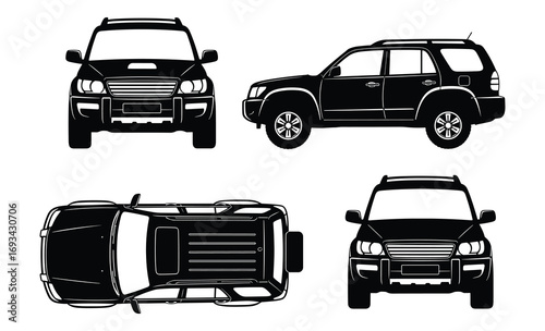 Black SUV Car Silhouette Views Front, Side, Top and Three Quarter; Vehicle vector illustration art.