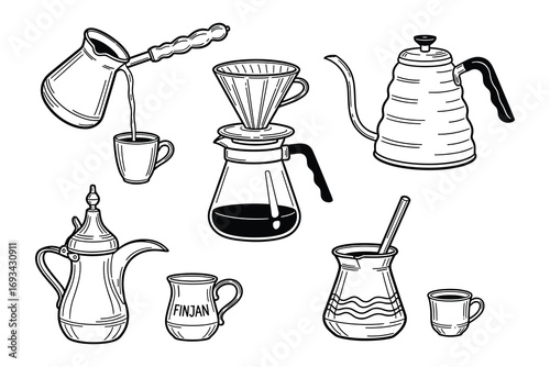 Coffee Brewing Methods Doodles: Turkish Ibrik, Pour Over, Gooseneck Kettle, Arabic Dallah