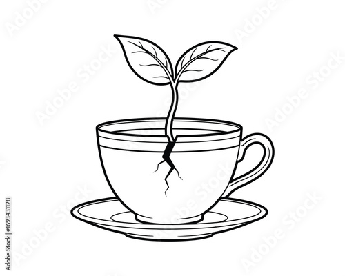 Cracked teacup with plant growing from inside, new life emerging, hope concept art illustration