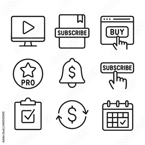 Premium subscription and online payment icons bundle. Outline symbols. Line design