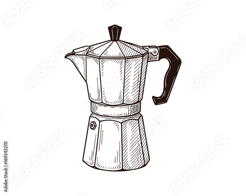 Hand drawn moka pot for coffee preparation in Italian style, vintage style drawing, sketch style illustration