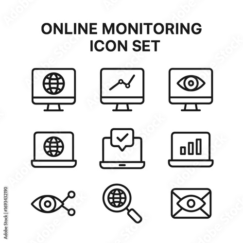 Web monitoring and real time analytics icons. Outline symbols. Line design