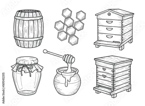 Honey and Bee Keeping Sketch Elements: Barrel, Honeycomb, Beehive, Jar. Hand Drawn Black and White Illustration