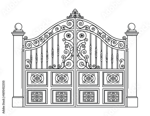 Intricate Wrought Iron Gate Design with Decorative Elements and Classical Styling in Black and White