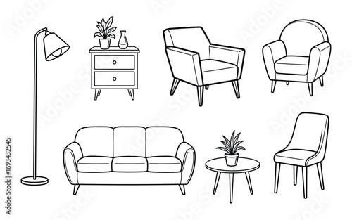 Living Room Furniture Outline Set Sofa Armchair Table Lamp Chair Sideboard Home Decor Design