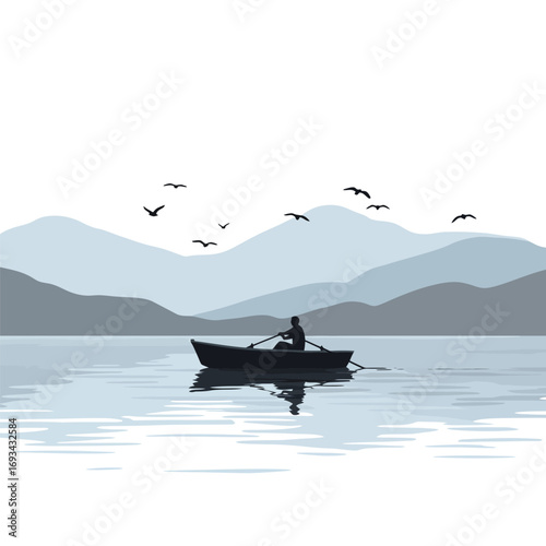 Silhouette of a lone rower on a calm lake at dawn, surrounded by misty mountains and flying birds. Serene vector illustration with soft blue-gray tones, reflective water, and peaceful atmosphere. Idea