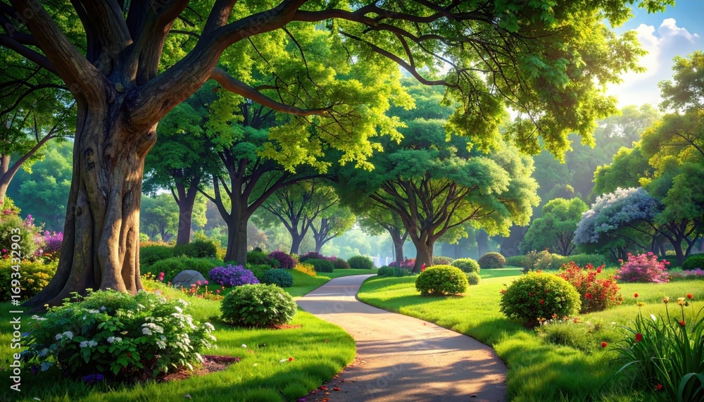Fototapeta premium A sun-drenched park pathway winds through lush greenery, vibrant flowers, and towering trees, bathed in morning light.