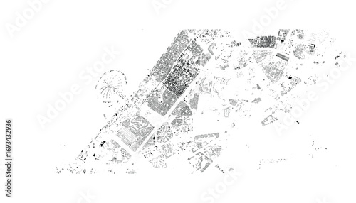 Monochrome Urban Layout: Cityscape Map with Buildings, Roads, and Infrastructure Detail, Black and White