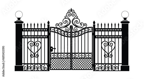 Ornate Black Iron Gate with Heart Motifs and Decorative Scrolls on White Background
