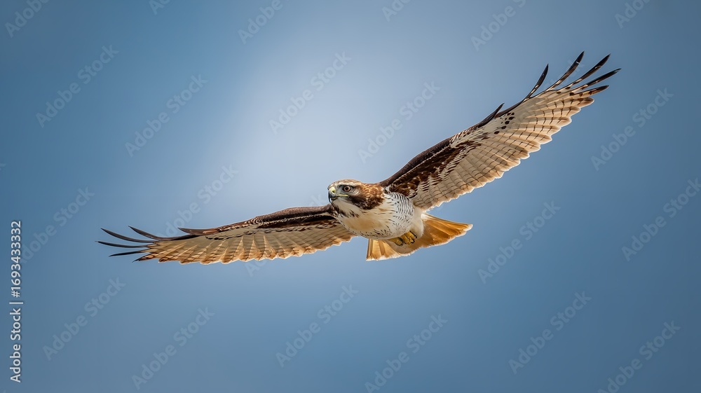 Obraz premium A red tailed hawk soars through the clear blue sky with its wings spread wide in the bright sunlight