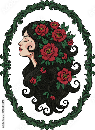 Elegant vector illustration of a woman in profile with flowing black hair adorned with red flowers and green leaves, framed by an ornate leafy border. Romantic, vintage-inspired design with soft color