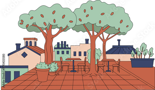 Cozy outdoor courtyard with terracotta tiles, leafy trees, and wooden tables under a sunny sky. Surrounded by colorful buildings and potted plants — a peaceful urban oasis in warm, inviting tones.