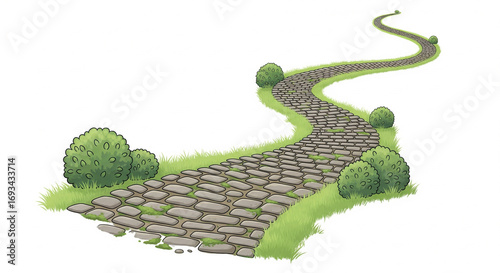 Winding stone paved path surrounded by green bushes and grass, symbolizing a journey, decision, or pathway forward in a natural outdoor setting.