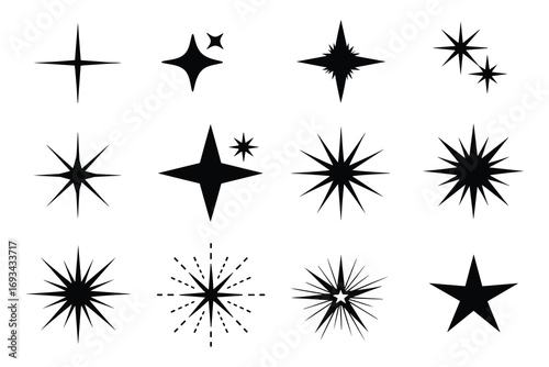 Set of Black Sparkle Icons, Shine Stars Symbols. Glowing Light Effects Design Elements