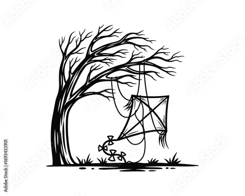 Silhouette of bare tree with kite caught in branches, fallen below, isolated on white background, vector