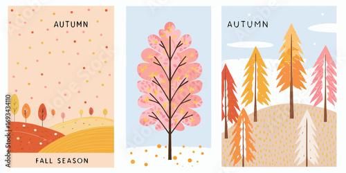 Collection of three charming autumn illustrations featuring stylized trees and seasonal elements