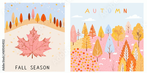 Charming autumn landscape illustrations featuring colorful trees and a large maple leaf